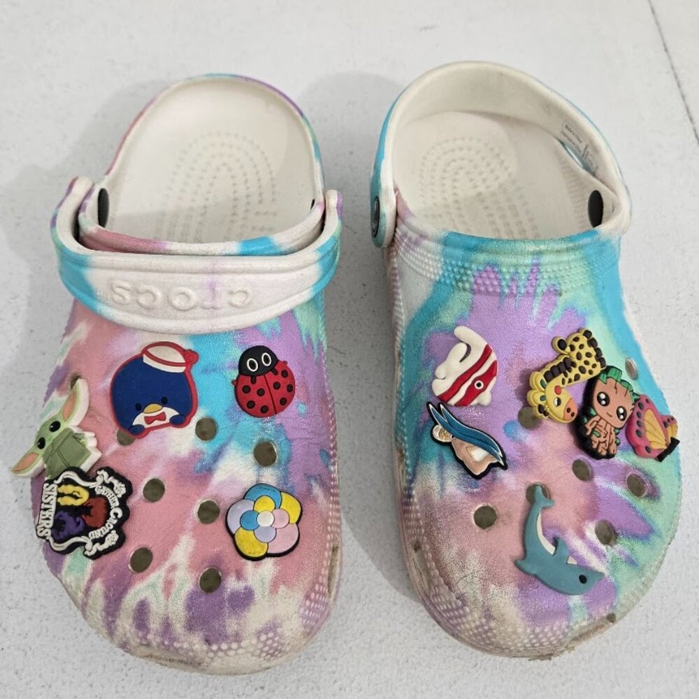 Crocs Adult Classic Pastel Tie Dye Clogs Sz M:4 W:6 Casual With Pins Groot Grogu